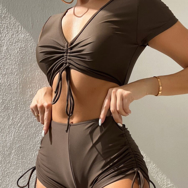 Women’s Swimwear Set with Ruffled Top and High Leg Cut Mune Fashion