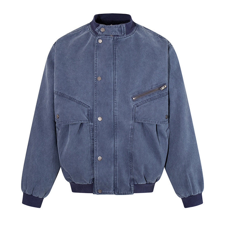 Men's Oversize Bomber Jacket in Vintage Wash with Stand Collar and Utility Pockets Mune Fashion