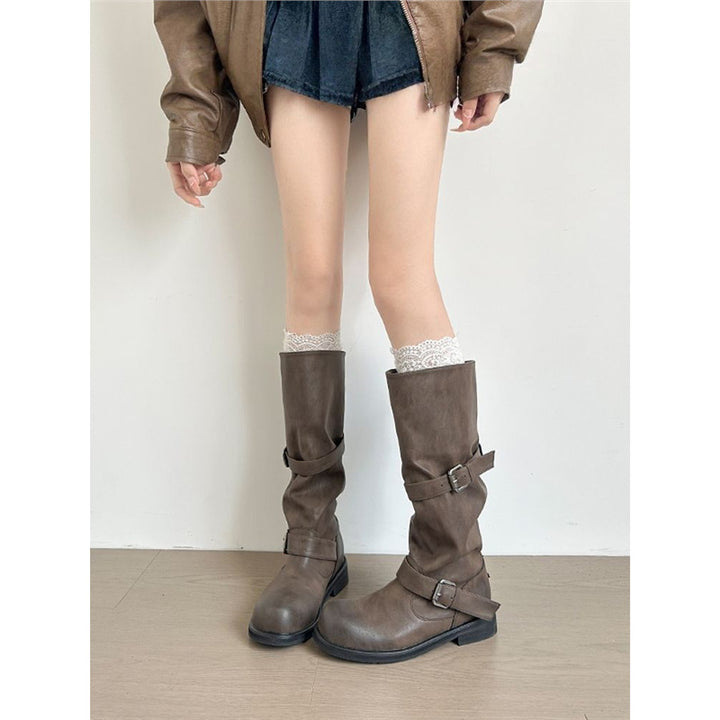 Women's knee-high biker boots with gathered shaft, adjustable buckles and robust tread sole Mune Fashion