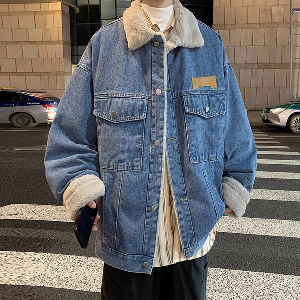 Men's Casual Denim Jacket with Faux Fur Collar Mune Fashion