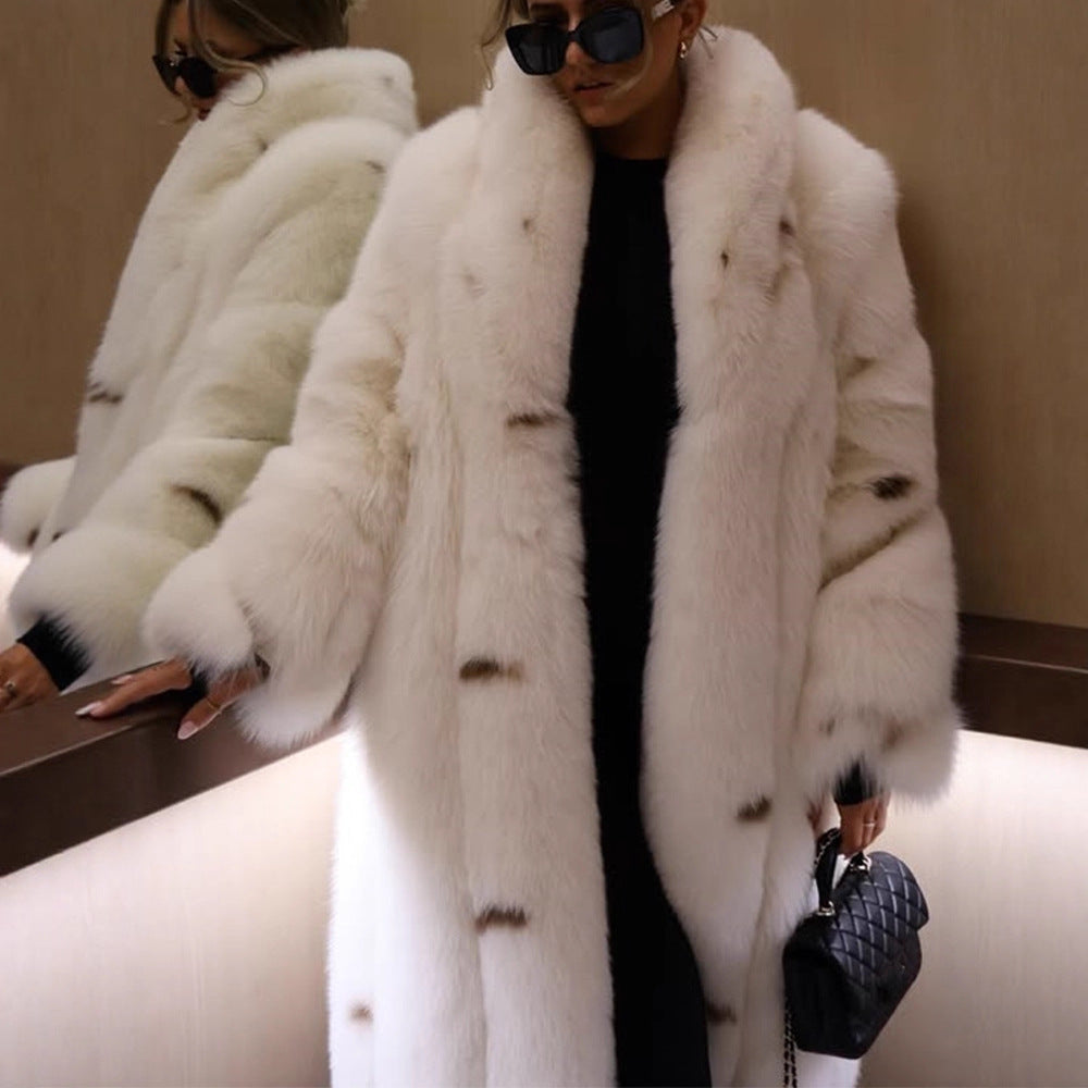 Women longer vegan faux fur coat with hood and voluminous fur collar Mune Fashion