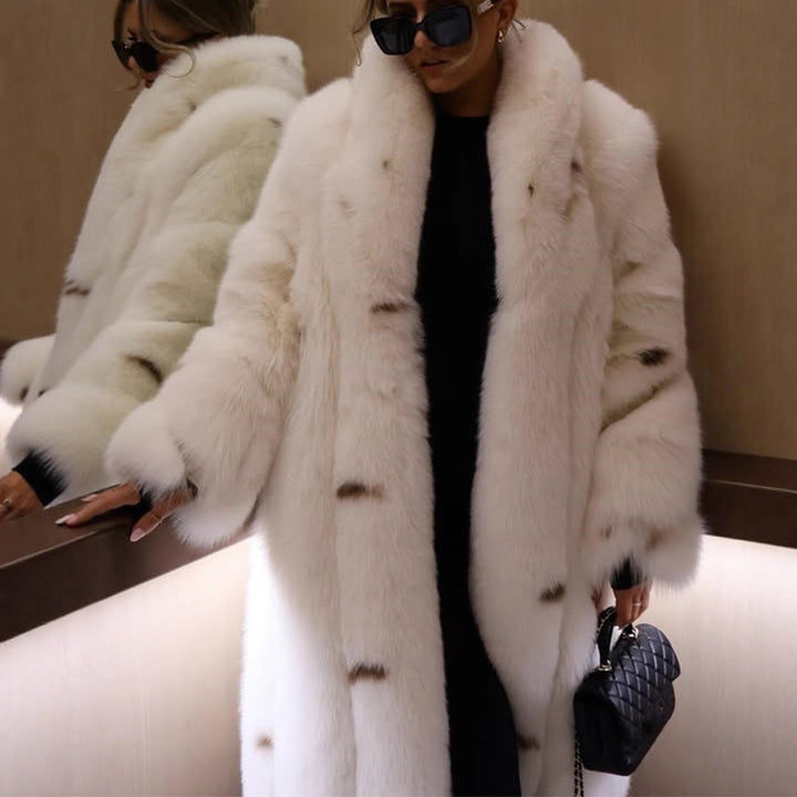 Women longer vegan faux fur coat with hood and voluminous fur collar Mune Fashion