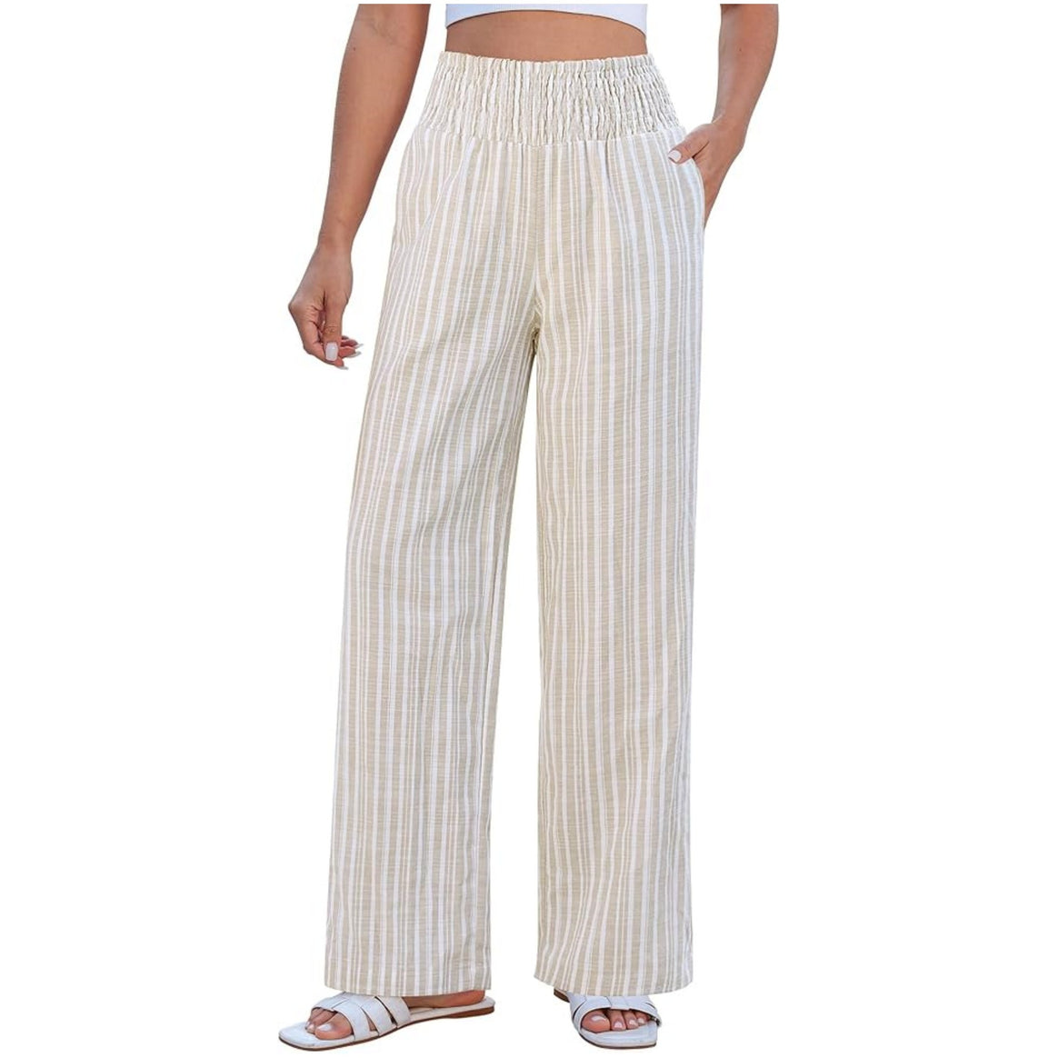 Women Lightweight Linen Look Palazzo Pants with High Smocked Waistband and Side Pockets Mune Fashion