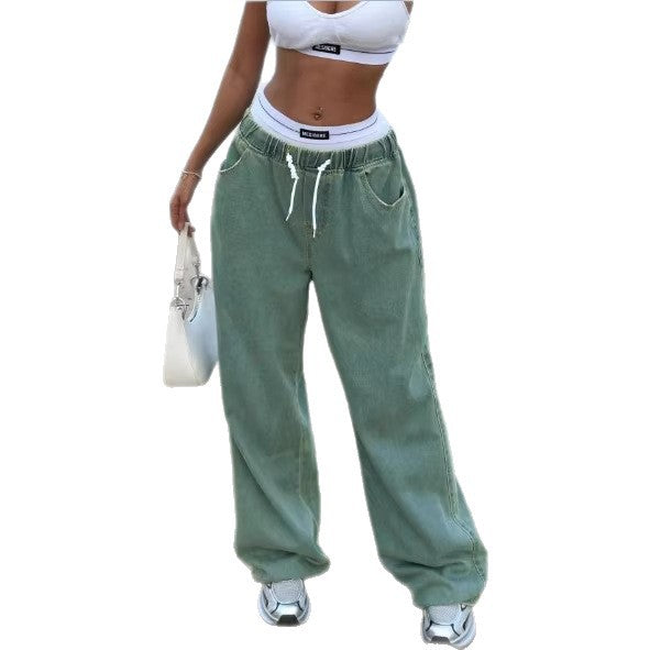 Women's Wide Vintage Denim Pants with Elastic Drawstring Waist and Floor-Length Baggy Cut Mune Fashion