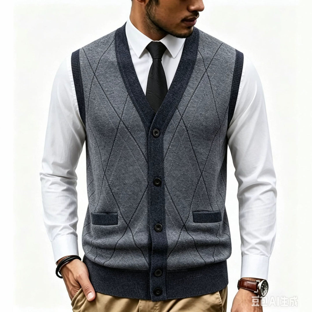 Men's fine-knit vest with V-neck, button placket and diamond pattern Mune Fashion