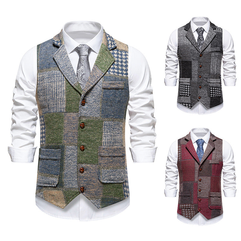 Men's nan Patchwork Vest with Notched Lapel Button Placket and Patch Pockets Mune Fashion