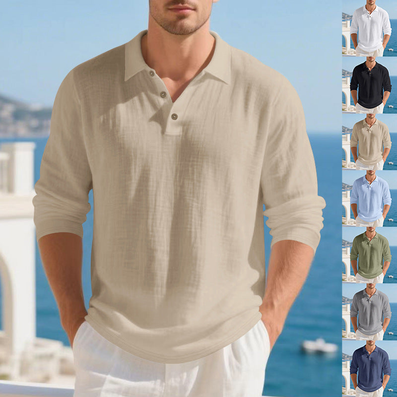 Men's Musselin Long Sleeve Polo Shirt with Collar, Short Button Placket and Natural Button Look Mune Fashion