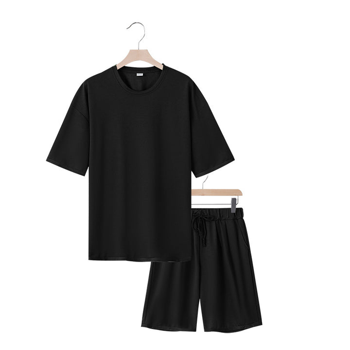 Men's relaxed jersey set with extended round neck t-shirt and elastic drawstring shorts Mune Fashion