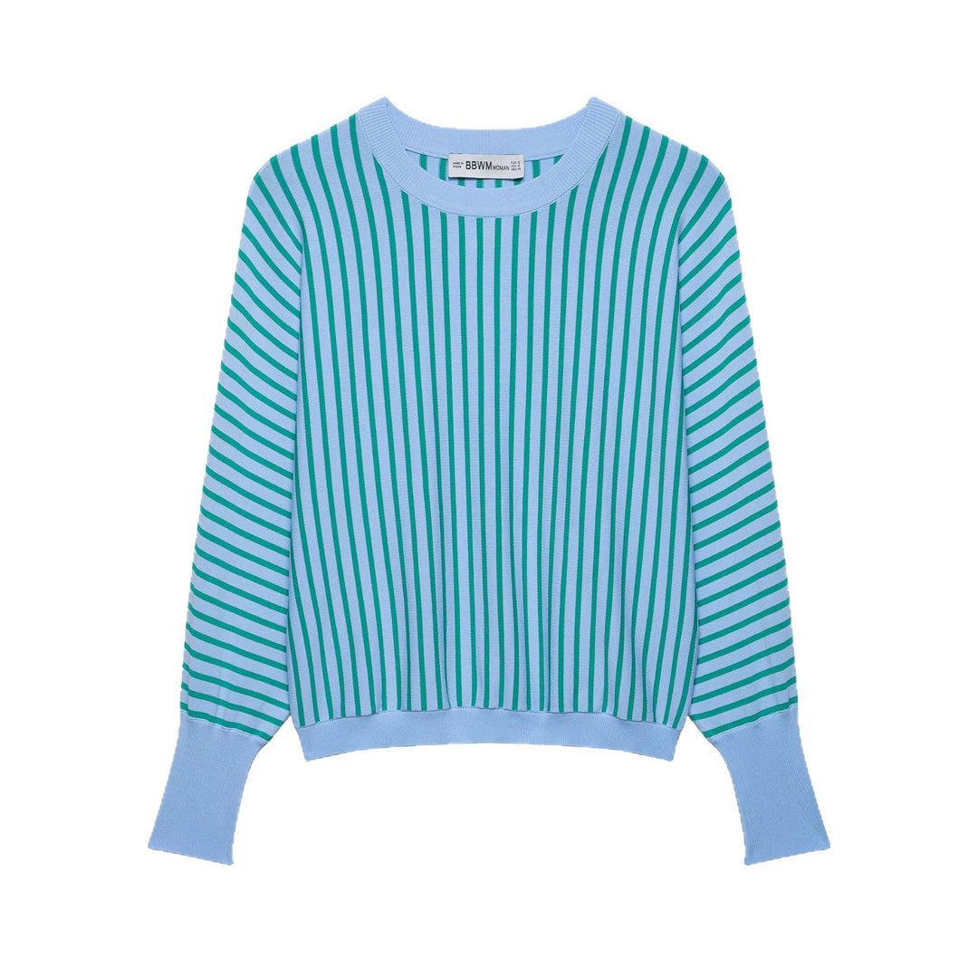 Women's Short-Cut Striped Fine Knit Sweater with Extended Ribbed Sleeves Mune Fashion