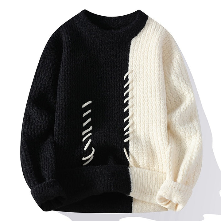 Unisex nan structured knit sweater with asymmetrical two-tone design and decorative stitch Mune Fashion