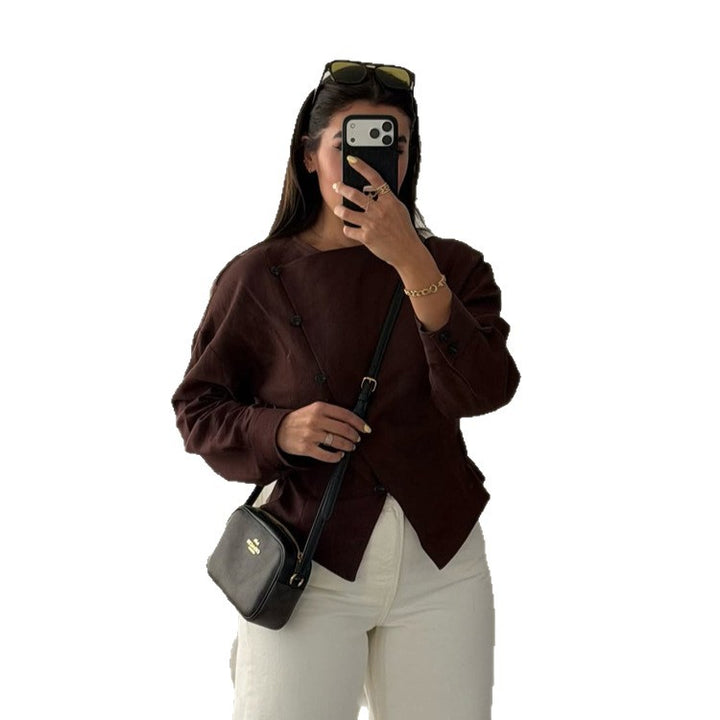 Women’s asymmetrical tailored blouse jacket made of linen with diagonal button closure Mune Fashion