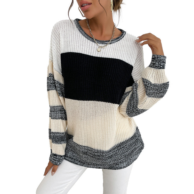Women’s Oversize Knit Sweater with coarse ribbed knit, block stripes and wide round neckline Mune Fashion