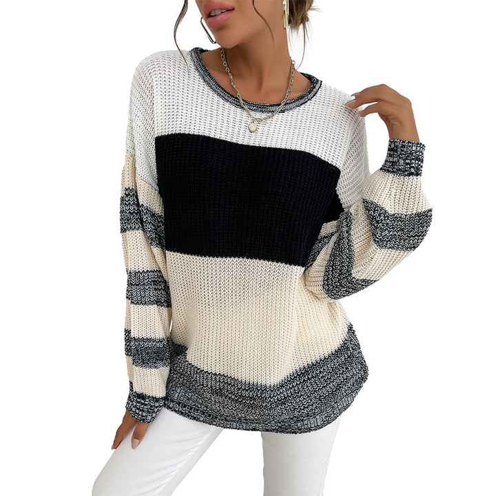 Women’s Oversize Knit Sweater with coarse ribbed knit, block stripes and wide round neckline Mune Fashion