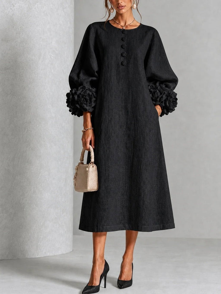 Women's midi dress made of linen with balloon sleeves and 3D flower cuffs Mune Fashion