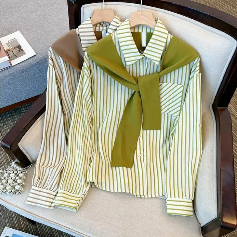 Ladies' loose striped blouse with decorative neck scarf Mune Fashion