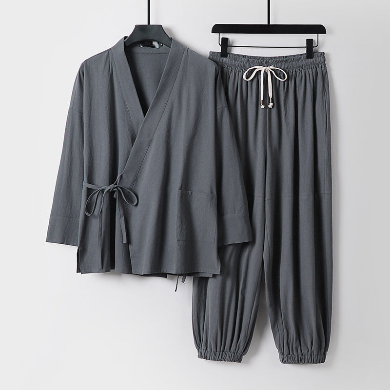Unisex Relaxed Kimono Set with Wrap Jacket, Three-Quarter Sleeves and Elastic Cord Drawstring Pants Mune Fashion