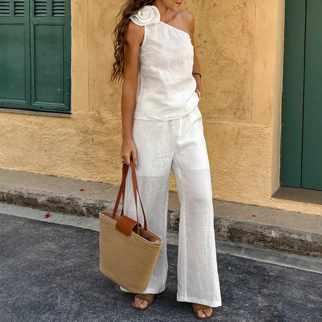 Women One-Shoulder Linen Jumpsuit with Decorative Rosette and Wide Leg Mune Fashion