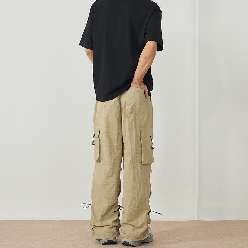 Men's Wide Nylon Cargo Pants with Adjustable Hem Drawstrings and Drawstring Waist Mune Fashion