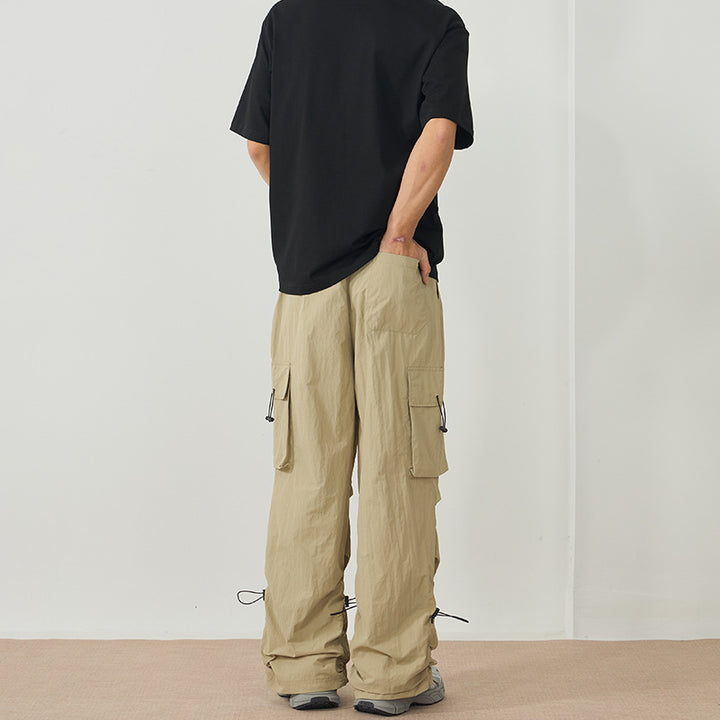 Men's Wide Nylon Cargo Pants with Adjustable Hem Drawstrings and Drawstring Waist Mune Fashion