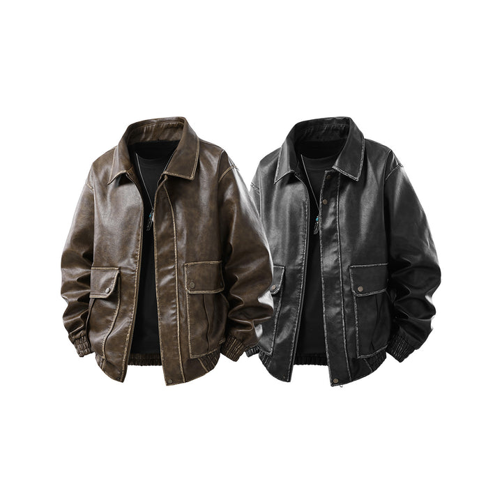 Men's Oversized Faux-Leather Bomber Jacket with Removable Hood and Utility Pockets Mune Fashion