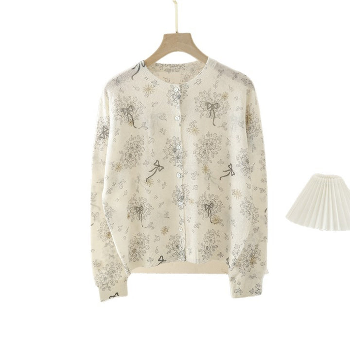 Ladies Fine Button Cardigan with delicate Flower Sketch Print and Round Neckline Mune Fashion