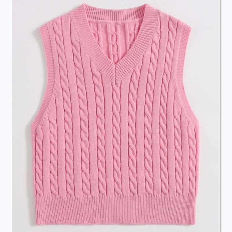Ladies' Knit Vest with V-Neck and Cable Pattern Mune