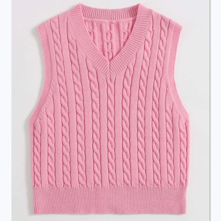 Ladies' Knit Vest with V-Neck and Cable Pattern Mune