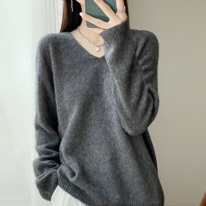 Women's Oversized Fine Knit Sweater with Fine V-Neck and Extended Sleeve Hem Mune Fashion