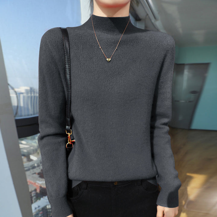 Women Slim Minimalist Stand Collar Fine Knit Sweater with Ribbed Neck Mune Fashion