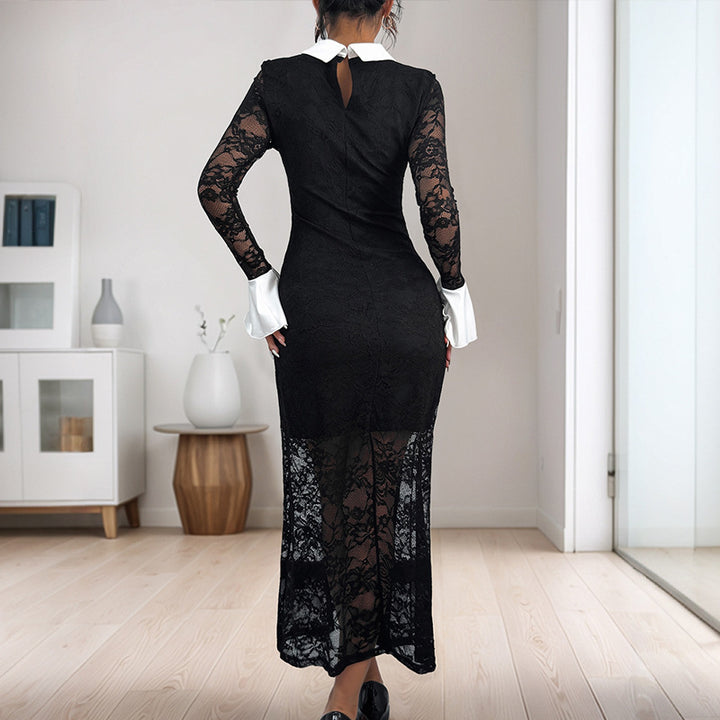 Ladies Elegant Lace Dress with Contrast Collar Mune Fashion
