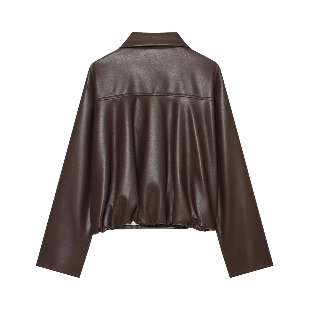 Women's Short Faux Leather Blouson with Double-Breasted Button Placket and Boxy Silhouette Mune Fashion