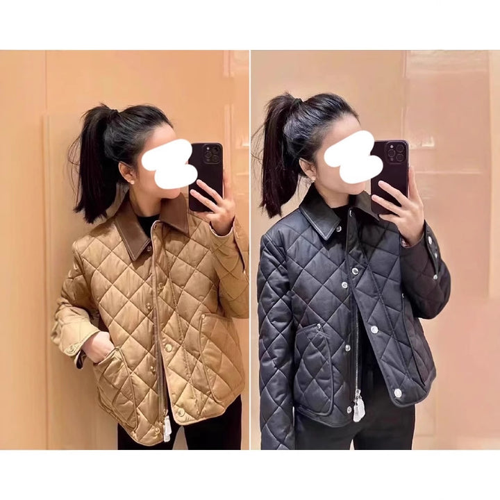 Women's quilted jacket with contrasting faux leather collar and boxy cut Mune Fashion