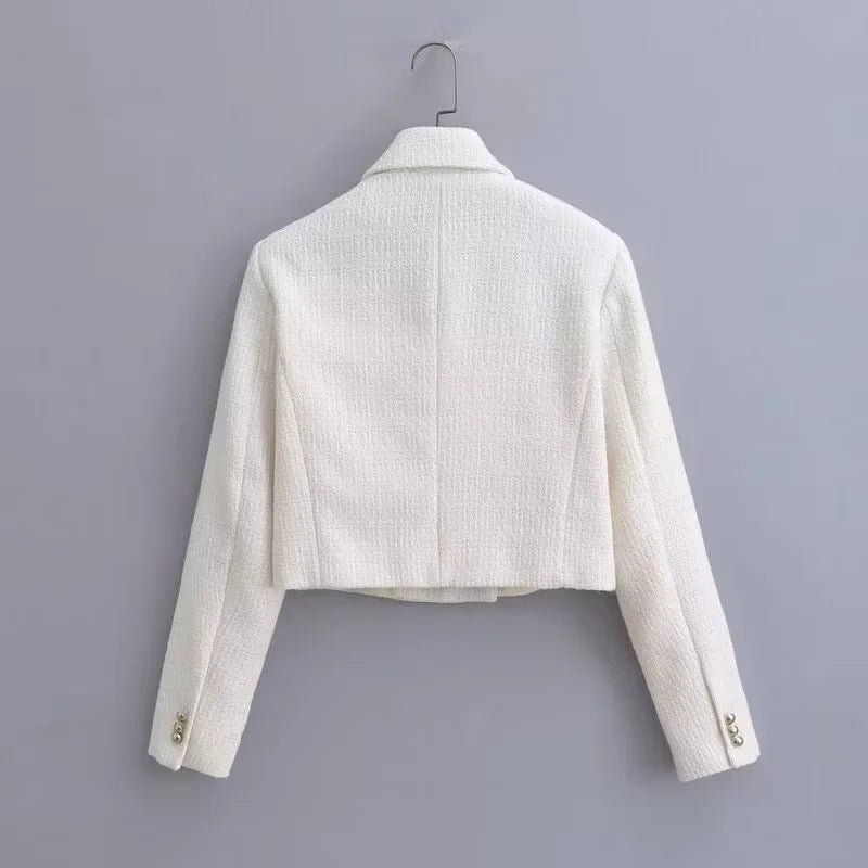 Women's short bouclé cropped jacket with lapel collar and decorative metal buttons Mune Fashion