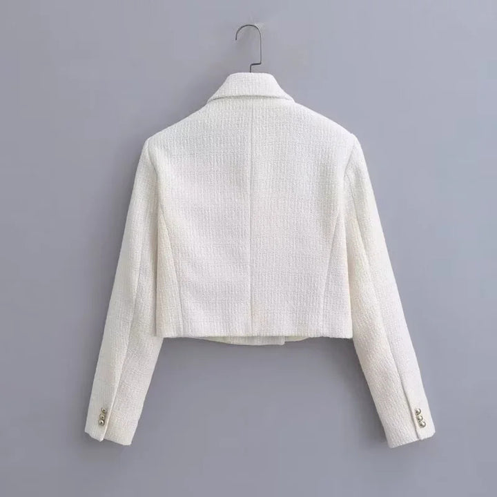 Women's short bouclé cropped jacket with lapel collar and decorative metal buttons Mune Fashion