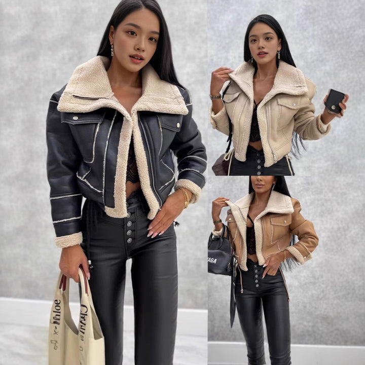 Women short-cut biker jacket with teddy lining and contrast seams Mune Fashion
