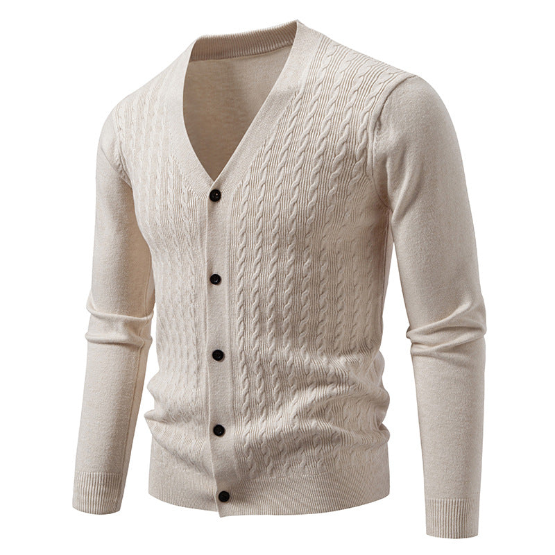Men's fine knit cardigan with cable pattern, V-neck and button placket Mune Fashion