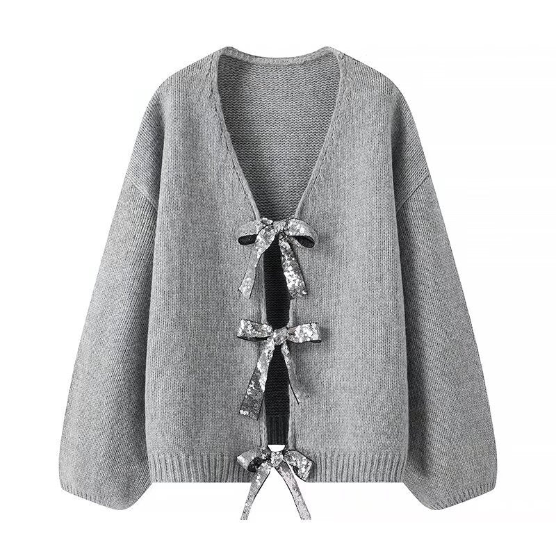 Women's Oversized Knit Cardigan with V-neck and Sequin Bows Mune Fashion