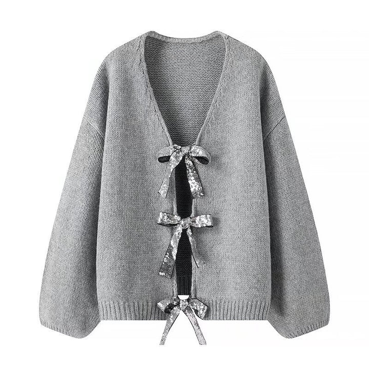 Women's Oversized Knit Cardigan with V-neck and Sequin Bows Mune Fashion