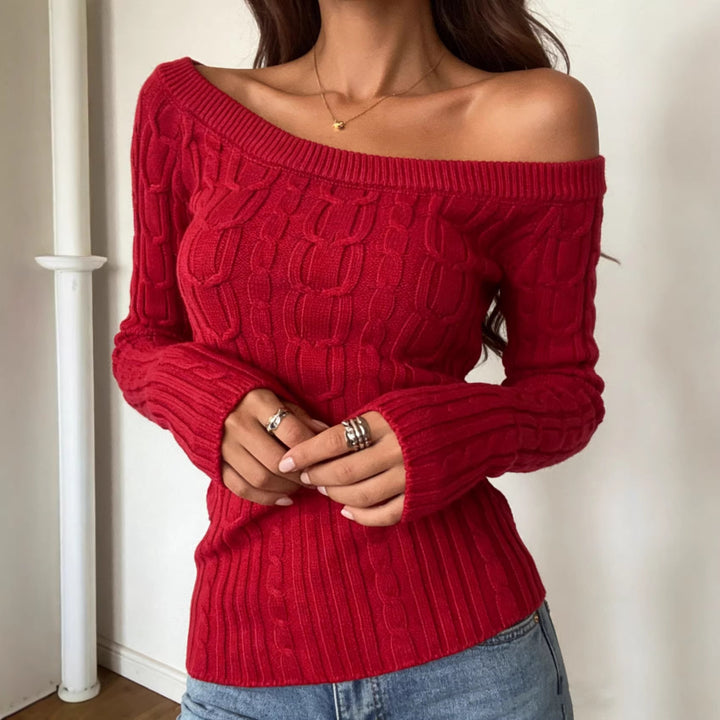 Women's Off-Shoulder Cable Knit Sweater with Fitted Silhouette Mune Fashion