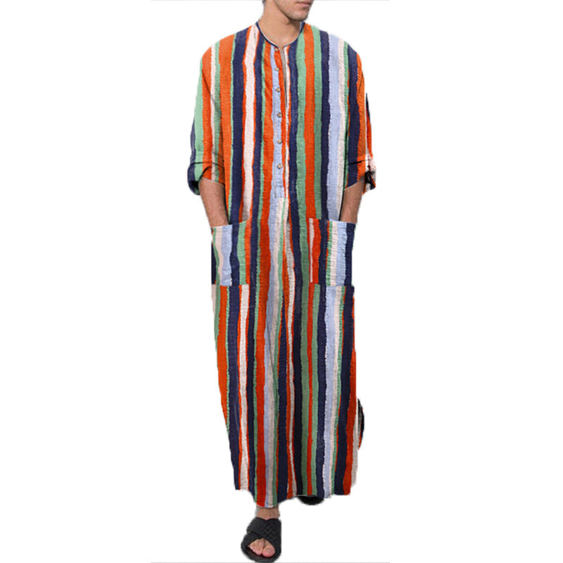 Men's ankle-length striped linen blend kaftan with stand-up collar and patch waist pockets Mune Fashion