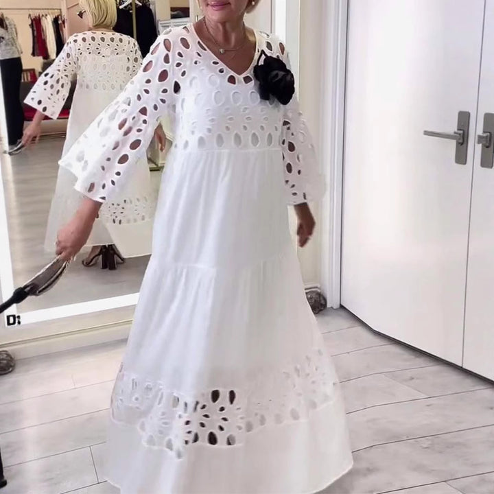 Women's maxi dress with openwork embroidery, V-neck, wide bell sleeves, and tiered hem Mune Fashion