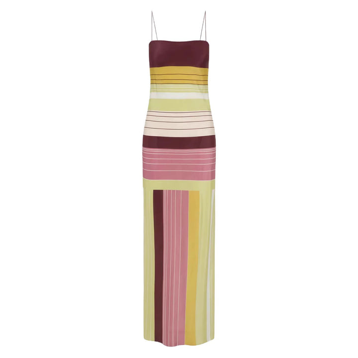 Women's figure-hugging maxi dress with spaghetti straps, straight neckline, panel stripes, and side slit Mune Fashion