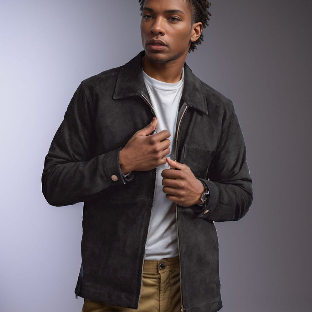 Men's suede leather jacket with stand-up collar and chest pocket Mune Fashion