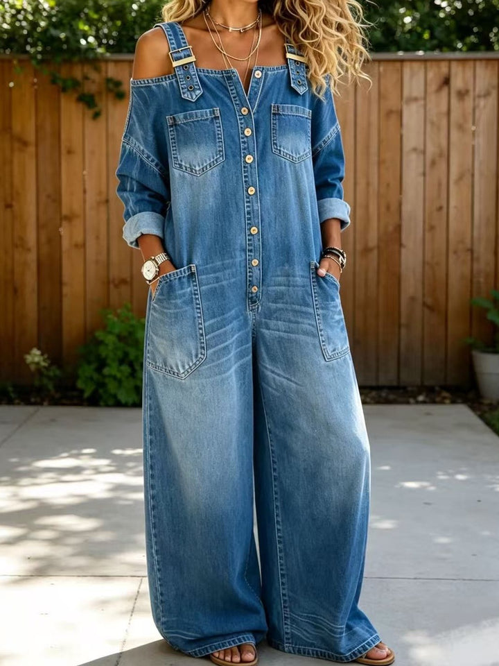 Women's Stylish Denim Overall with Off-Shoulder Design