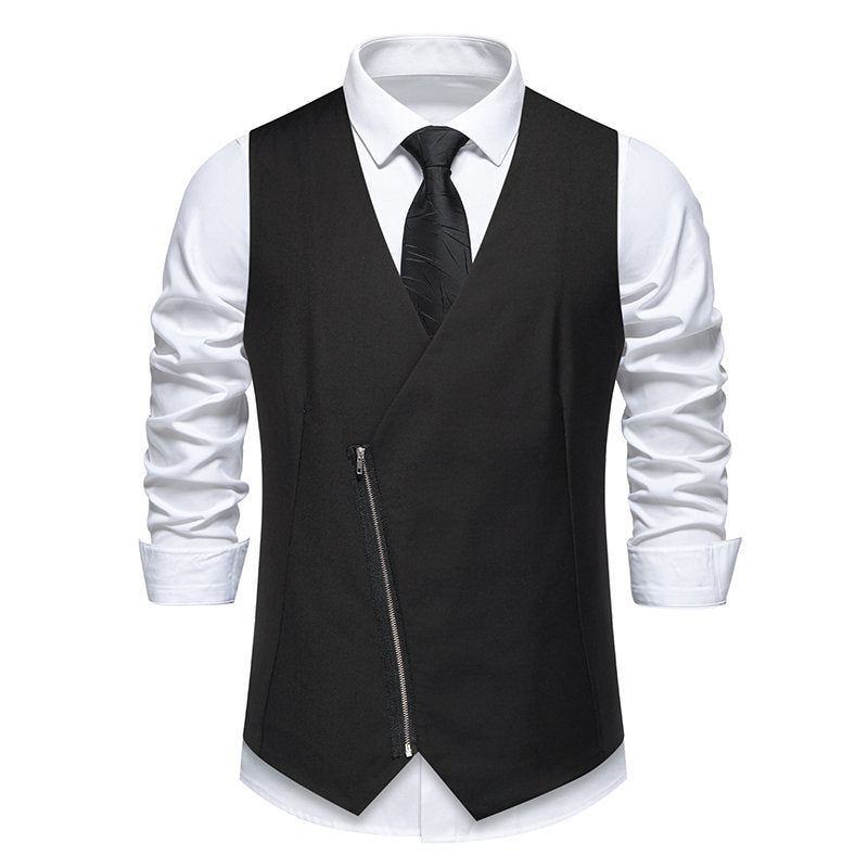 Men's Tailored Vest with Asymmetric Zipper and V-Neck Mune Fashion