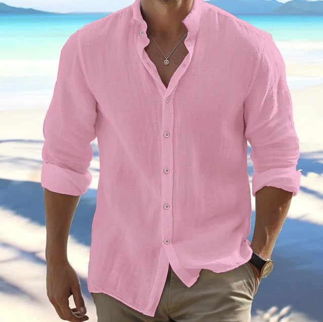 Men's light linen blouse shirt with stand-up collar, straight cut and continuous button placket Mune Fashion