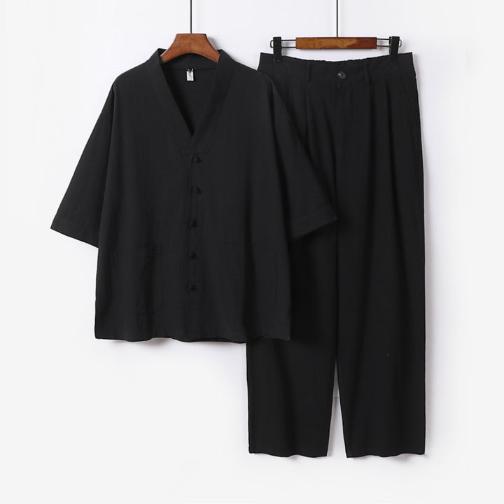 Unisex Zen-inspired Relax Set with short sleeve kimono top, concealed button placket, and elastic waistband pants Mune Fashion