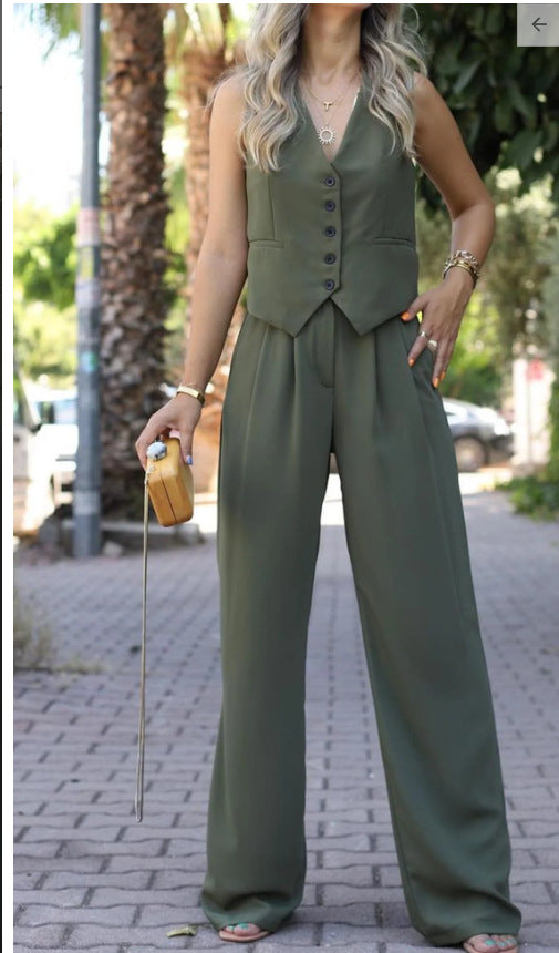 Ladies Elegant Two-Piece with Fitted Vest and Wide Palazzo Pants Mune Fashion