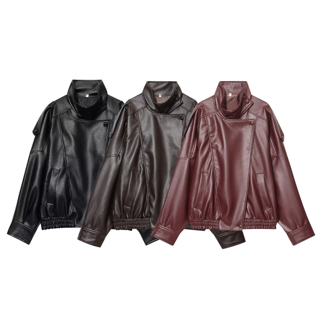 Women's faux leather bomber jacket with high stand collar, asymmetrical snap placket, and elastic hem Mune Fashion
