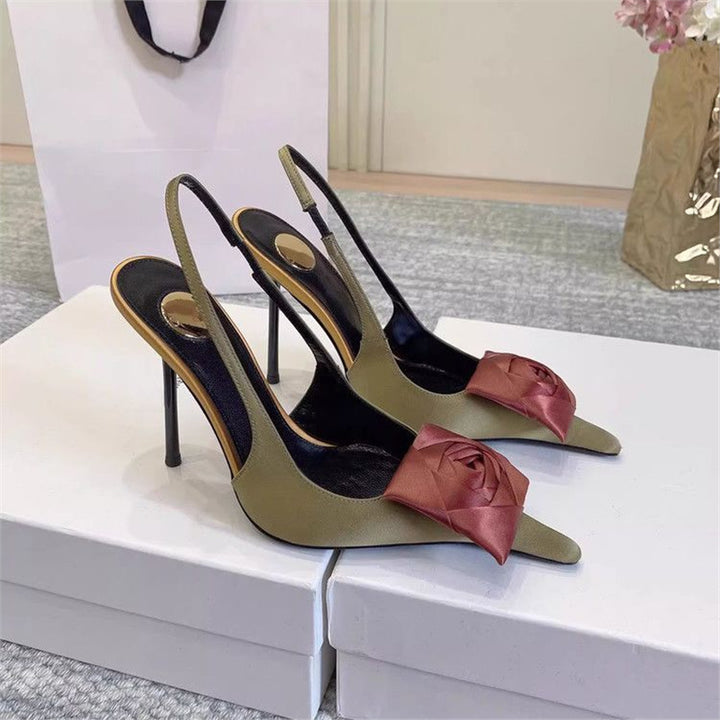 Women's lace Slingback stilettos with satin rose appliqué Mune Fashion